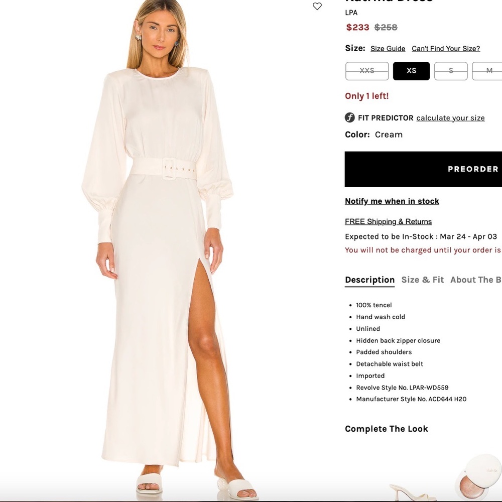 REVOLVE - CREAM KATRINA DRESS by LPA. Worn once, size small . Dry cleaned.